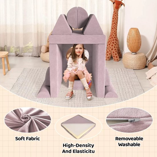 Structures roses à construire pour enfants avec un enfant à l'intérieur. Tissu doux, housse amovible et lavable.