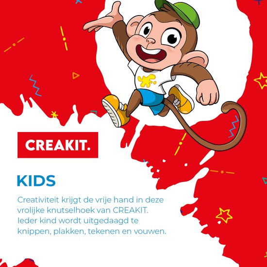 Een springende aap met een pet, t-shirt en korte broek. Rode achtergrond met witte spatten en confetti. Tekst: CREAKIT. KIDS.