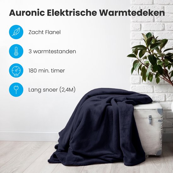 Auronic Elektrische Deken - 160 x 120 cm - 1 Persoons Warmtedeken - 3 Warmtestanden met Timer - Verwarmingsdeken - Nachtblauw