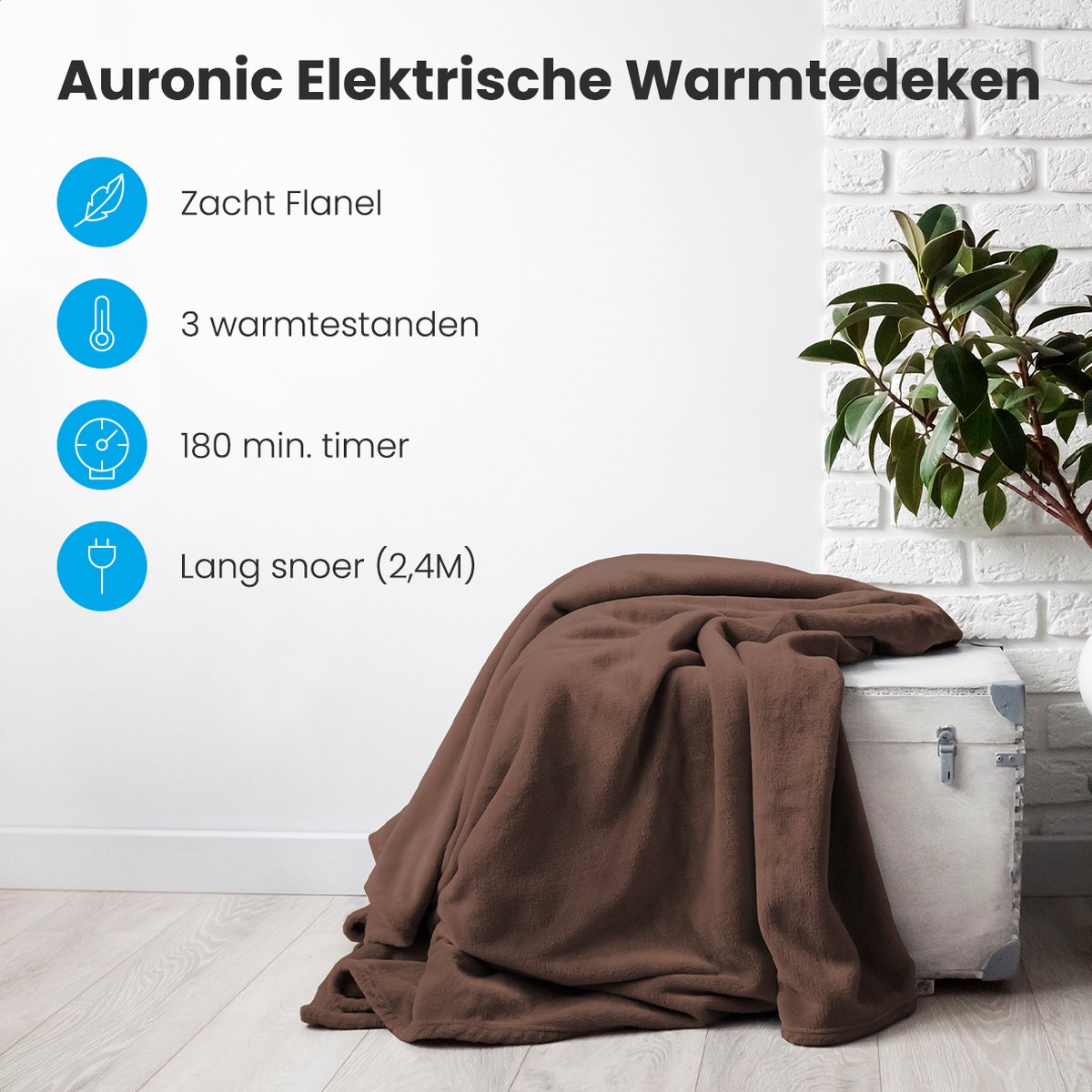 Afbeelding 2 van Auronic Elektrische Deken - Warmtedeken - 1 Persoons - 3 Warmtestanden - met Timer - 160 x 120cm - Bruin