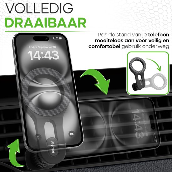 Zwarte iSetchi MagSnap ventilatieroosterhouder met iPhone, 360 graden draaibaar.