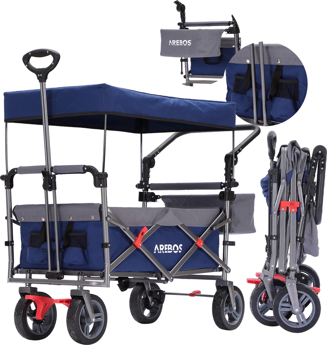 AREBOS Premium Bolderkar Opvouwbaar - Bolderkar - 100 kg - met Dak Blauw/ Grijs