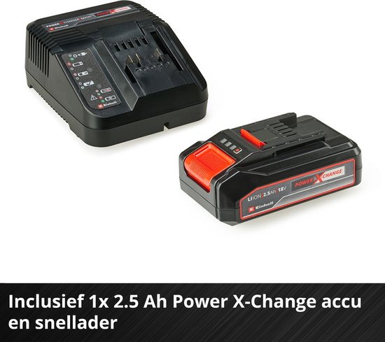 Zwarte Einhell Power X-Change accu van 2.5 Ah en een zwarte snellader.