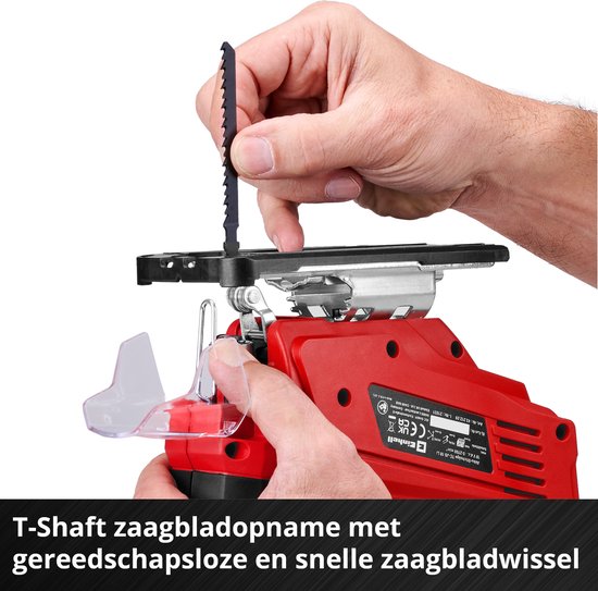 Een rode Einhell decoupeerzaag met een zaagblad dat in de houder wordt geplaatst. Met "T-Shaft zaagbladopname met gereedschapsloze en snelle zaagbladwissel" tekst.