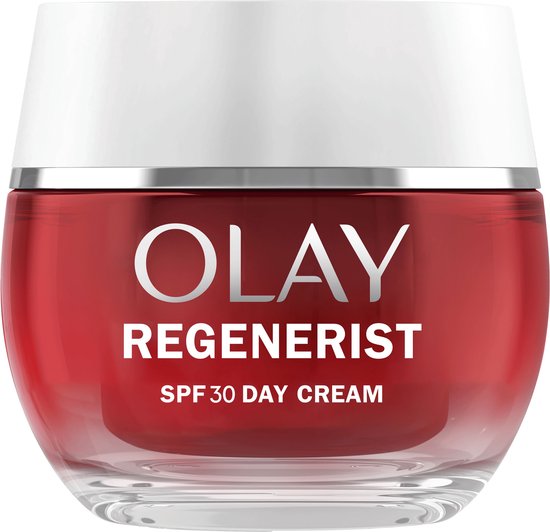 Olay Regenerist SPF 30 Dagcrème in rode pot met zilveren deksel.