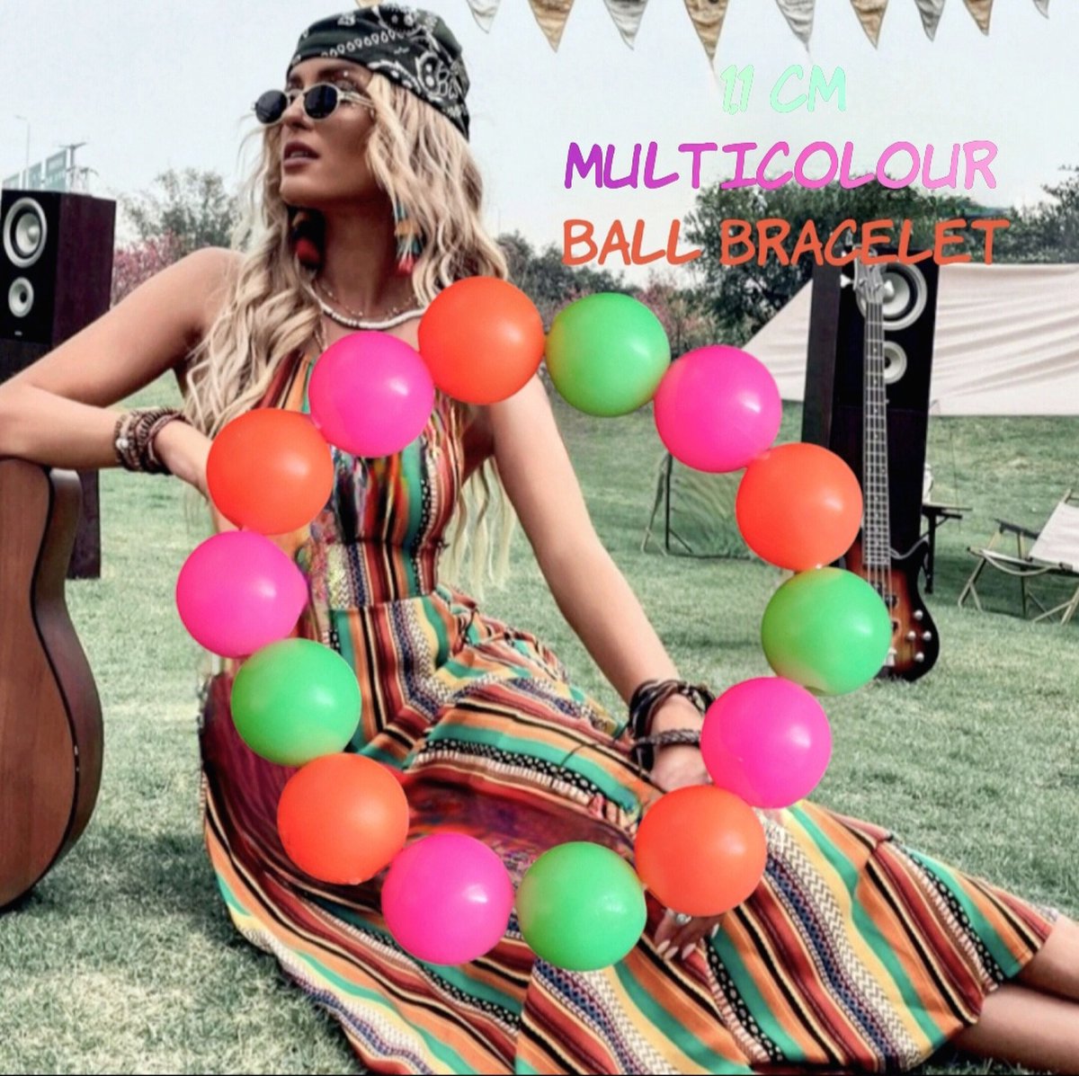 Fashion Jewelry - Going Retro® - Kunststof ballen op rekband - armband - 1,1 cm - 3 kleuren combinatie - groen fluor oranje rood pink roze - volwassenen jeugd - unisex - casual feest carnaval festival