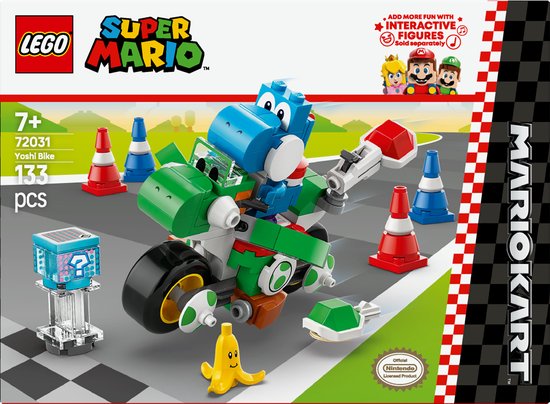 LEGO Mario Kart Yoshi-Crosser 72031 doos met blauwe Yoshi op een groene kart.