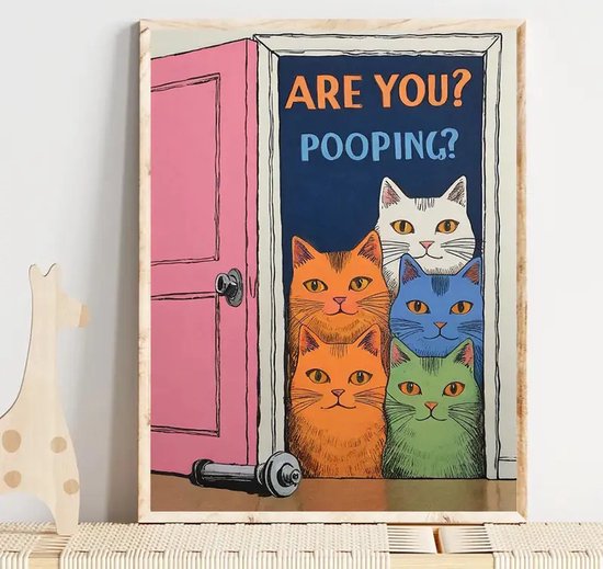 Canvas poster - Ben je aan het poepen - muurposter - binnenposter - katten- muur poster - Kado - Zonder lijst - Posters - Vintage posters - Kat op toilet - Trendy