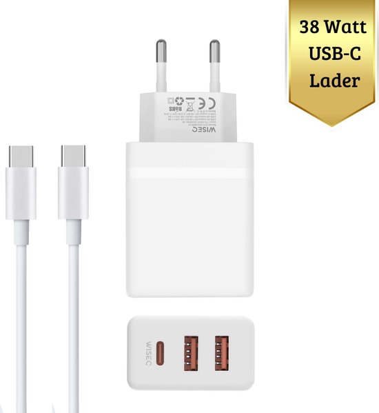 38W GaN USB-C Snellader met 2 Meter 100W USB C naar USB C Kabel – Geschikt Voor MacBook / iPhone 17 / iPhone 16 / iPhone 16 Pro / iPhone 16 Pro Max/ iPhone 15 / iPhone 15 Pro / iPhone 15 Pro Max en Samsung – Originele WiseQ Oplader