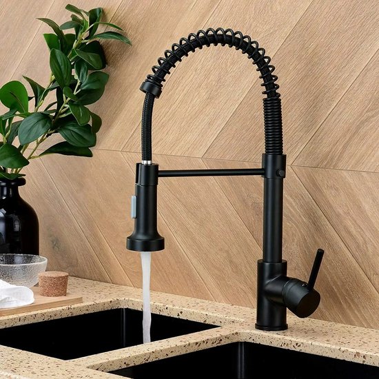 Mat Zwarte Keukenkraan met Uittrekbare Uitloop – Mengkraan met Flexibele Slang – Modern en Praktisch Design