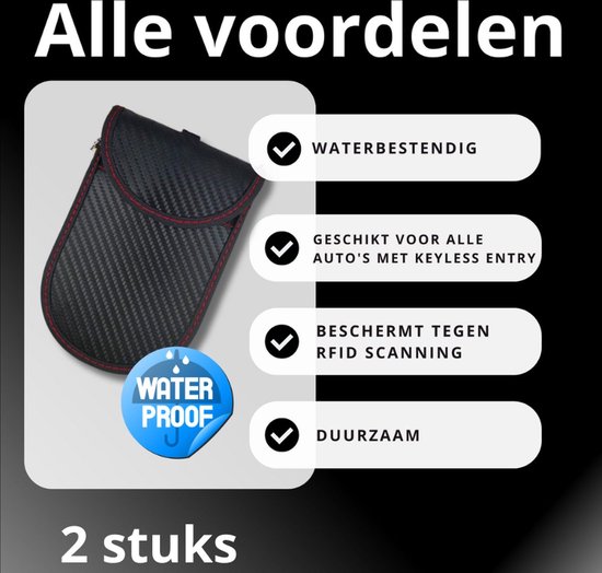 Zwarte hoes met carbonlook, met rode stiksels. Waterbestendig en duurzaam.
