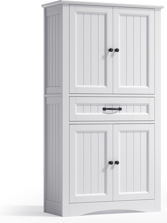 Strakke, witte opbergkast met twee deuren boven, een lade en twee deuren beneden, op witte achtergrond.