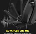 Zwarte gaming headset met een uitklapbare microfoon en geluidsgolven.