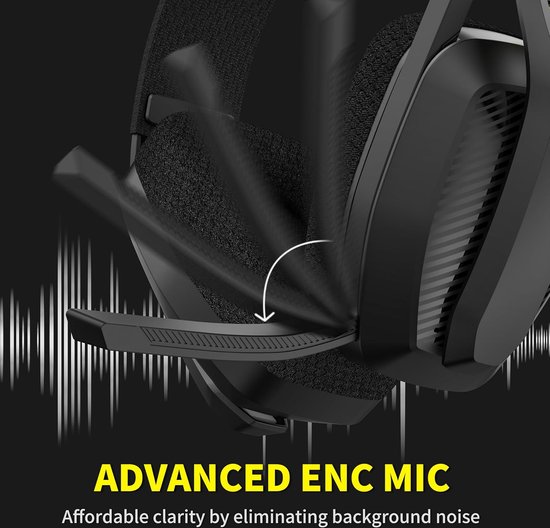 Zwarte gaming headset met een uitklapbare microfoon en geluidsgolven.