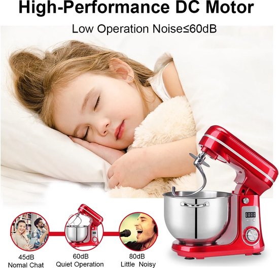 FIBILA 6L Keuken Stand Mixer - Keukenmachine - Voedselmixer - Keukenmizer Met Mengkom - Keukenmixers - 1200W DC Stille Motor - 6 Snelheden - Roestvrijstalen Kom - Tilt-Head Design - Inclusief Deeghaken, Kloppers en Garde - Stabiele Anti-Slip Voeten van FIBILA — afbeelding 4