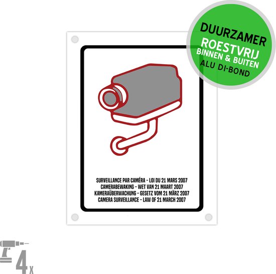 Pictogramme/panneau Dibond + perçages | Législation sur la Surveillance par caméra Mars 2007 | 19x25cm | 4 langues | Loi sur la caméra | Durable | 1 pièce