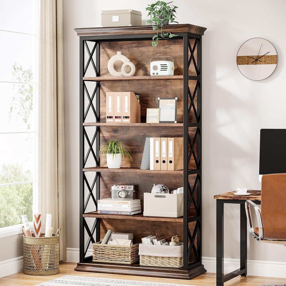 Tribesigns Plank, boekenkast, kantoorrek met 6 niveaus, staande kast, open boekenkast, metalen frame, hal, keuken, kantoor, industrieel design, vintage bruin