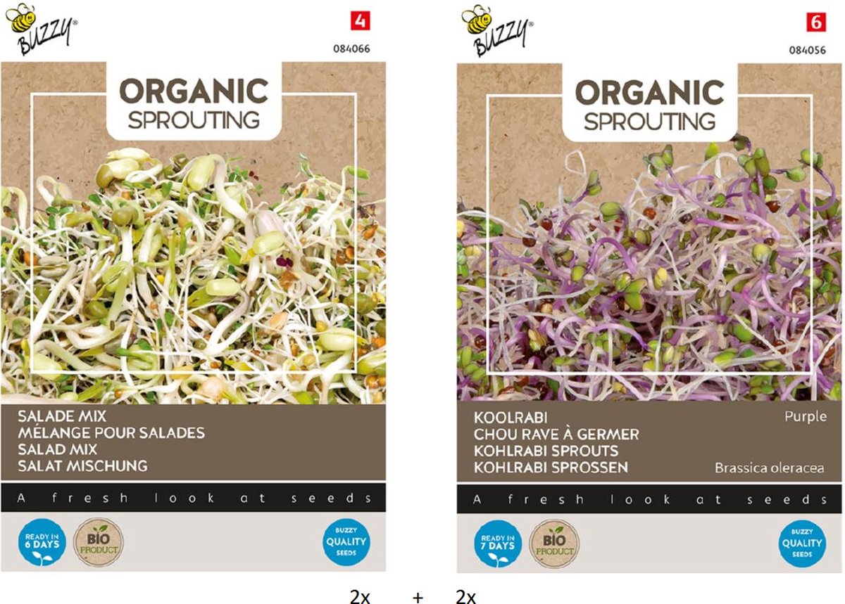 Groentezaden - 2x Koolrabi en 2x Salade Mix - Spruitgroenten - Sprouting - Zelf Kweken - Moestuin - Groenten in Huis - Groentenzaden