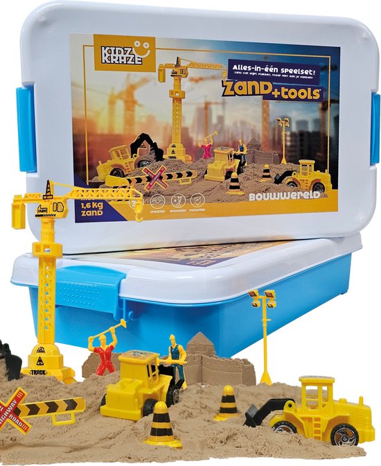 KidzKraze® Bouwwereld Speelzand – 1,6 kg bruin kleefzand voor binnen – Met Vormpjes en Speelgoed – Inclusief speel en opbergkoffer – Sensorisch – Speelgoed – zand bak starter set voor kinderen