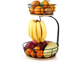 Hanamura Fruitschaal Etagere - Fruitmand 2 laags - Met bananenhanger - Hout & Metaal - Zwart Hanamura Fruitschaal Etagere - Fruitmand 2 laags - Met bananenhanger - Hout & Metaal - Zwart