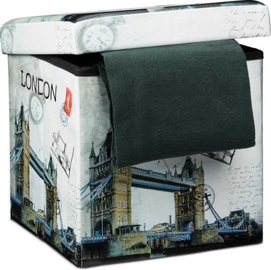 poef met opbergruimte - opvouwbaar - kunstleer - Londen print - 38 cm hoog - deksel - voetenbankje