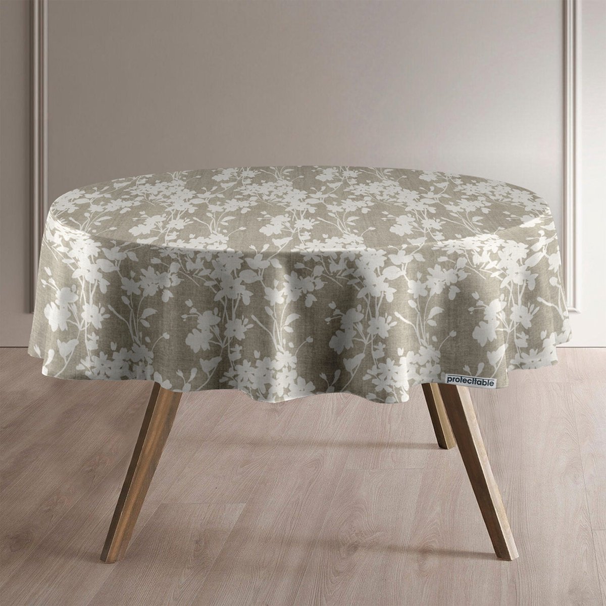 Protecttable - Rond Tafelzeil Bloem Beige Ø138cm - Tafelkleed Afwasbaar - Kunststof