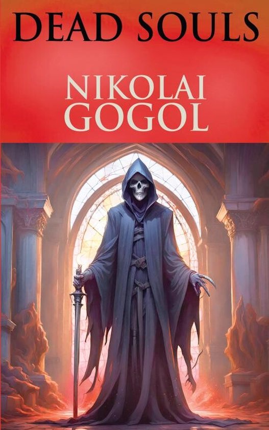 Boekomslag van 'Dode Zielen' van Nikolai Gogol met een duistere figuur in een kapmantel.