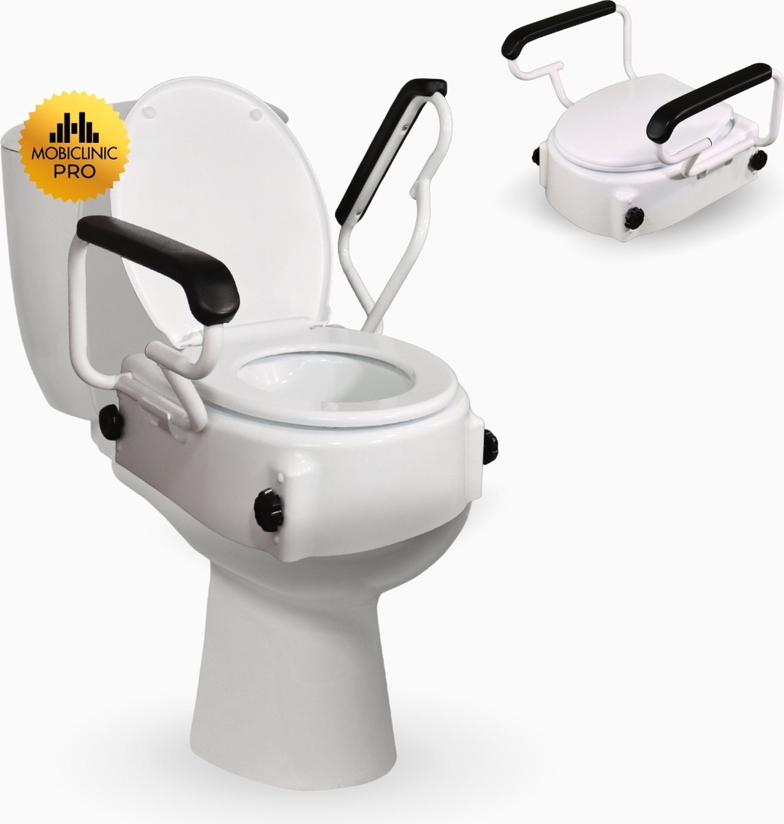 Mobiclinic Tajo - Toiletverhoger - Toiletlift - WC Verhoger - Verstelbaar in 3 hoogtes: 7cm - 11 cm - 15cm - Zithoogte verstelbaar - Met deksel en armleuningen - Tot 100 kg - Met armsteunen - Wit