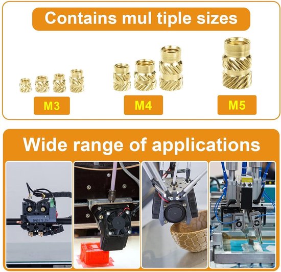 QUARKZMAN 100 stuks M3 schroefdraadinzetstukken messing warmte-inzetstuk M3 x 4 mm, OD 5 mm gekartelde inpersmoeren, 3D-print messing vrouwelijke