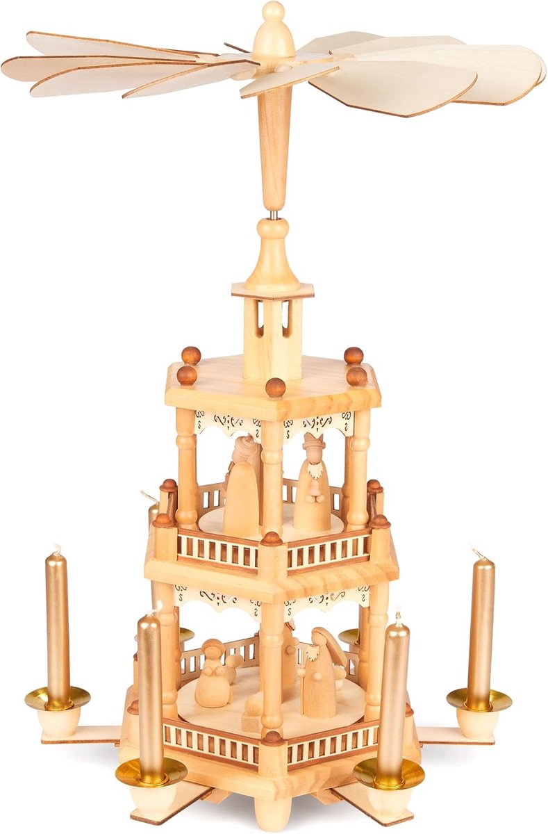 BRUBAKER Kerstpiramide van hout, 43 cm grote houten piramide voor Kerstmis, draaibare tafelpiramide met houten kerstfiguren, handbeschilderd, kerstdecoratie bruin