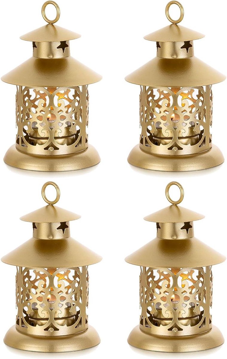 Goedkoopste Gouden vintage theelichtlantaarn set van 4 - Metaal lantaarnkaarsen - Kleine decoratie met gravure - Kaarsen tafeldecoratie voor bruiloft Kerstmis ramadan - Balkon tuin outdoor