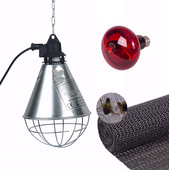 Armatuur met 100WATT warmtelamp en ANTI-spreidpoten matje | Armatuur met schakelaar en beschermingskooi 2.5m kabel max 175W