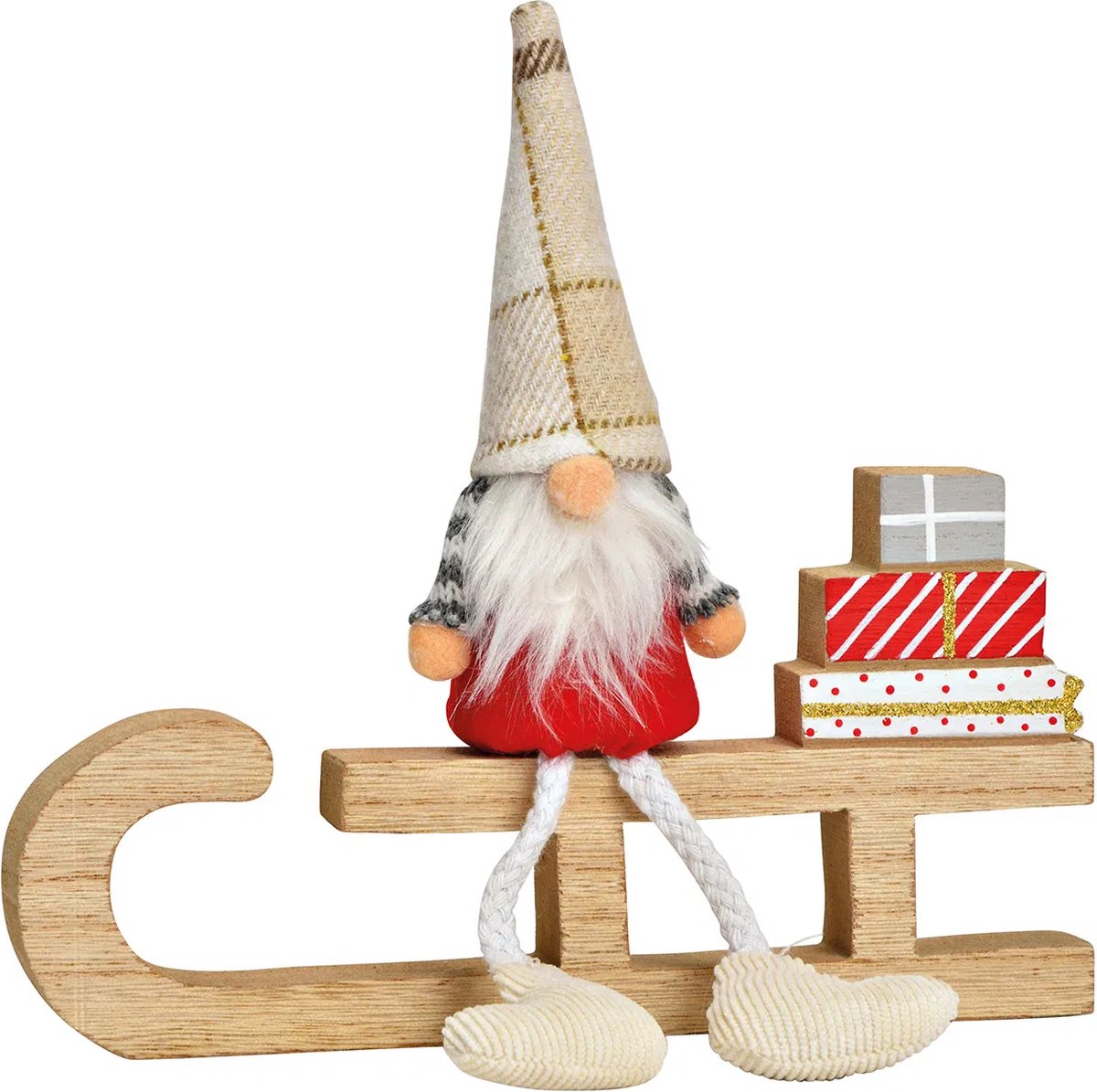 Decoratieve kabouter op slee van hout met kerstcadeaus
