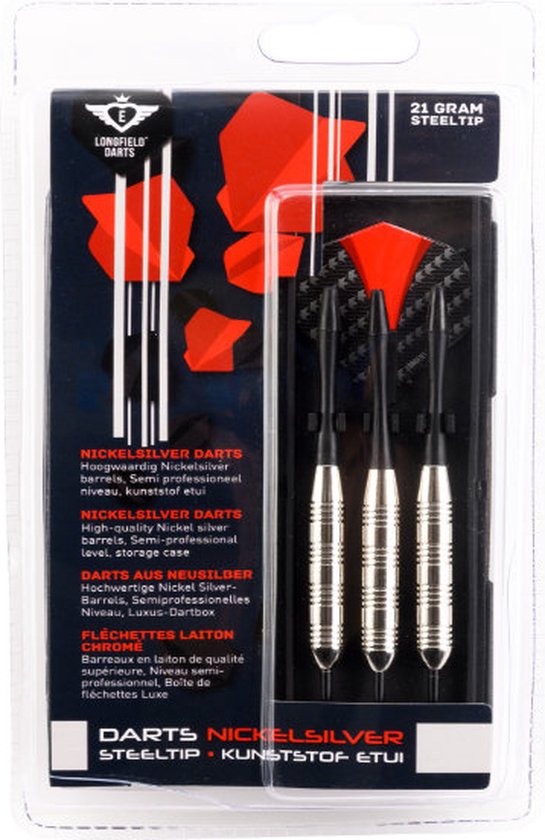 Nickel Silver Dartpijl Set 22 Gram - 3 Stuks - Rood/Zwart Flights, Zwarte Shaft - Semi Professioneel - Inclusief Kunststof Etui - Longfield van Longfield — afbeelding 3