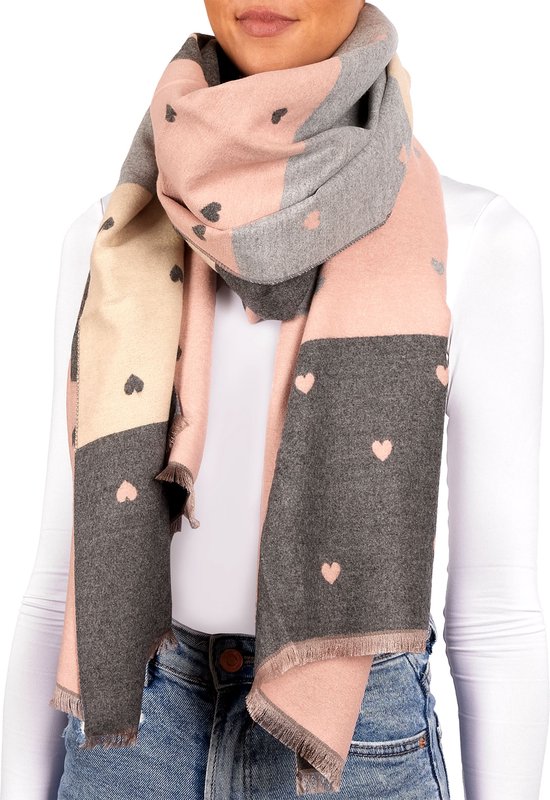 Écharpe Femme Imprimé Cœurs En Matière Recyclée - Longueur 180 Cm, Largeur 68 Cm, Bords Franges - Douce Et Légère