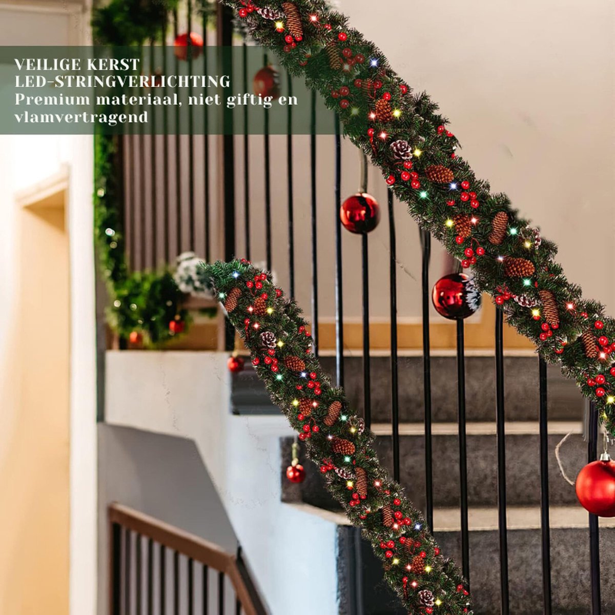 Guirlande De Noël Lumineuse 2,7 M - Fleurs, Boules, LED, Pour Intérieur Ou Extérieur (rouge Et Or) - 8