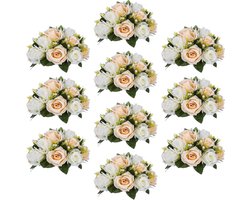 Set van 10 nep bloemenboeket - kunststof rozen met basis - pak voor bruiloft/feest middelpunt weg lood bloemenrek decoraties - 10 stuks