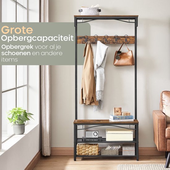 Kapstok met bruine houten planken, zwarte metalen frame, 15 haken, schoenenrek met opbergruimte.
