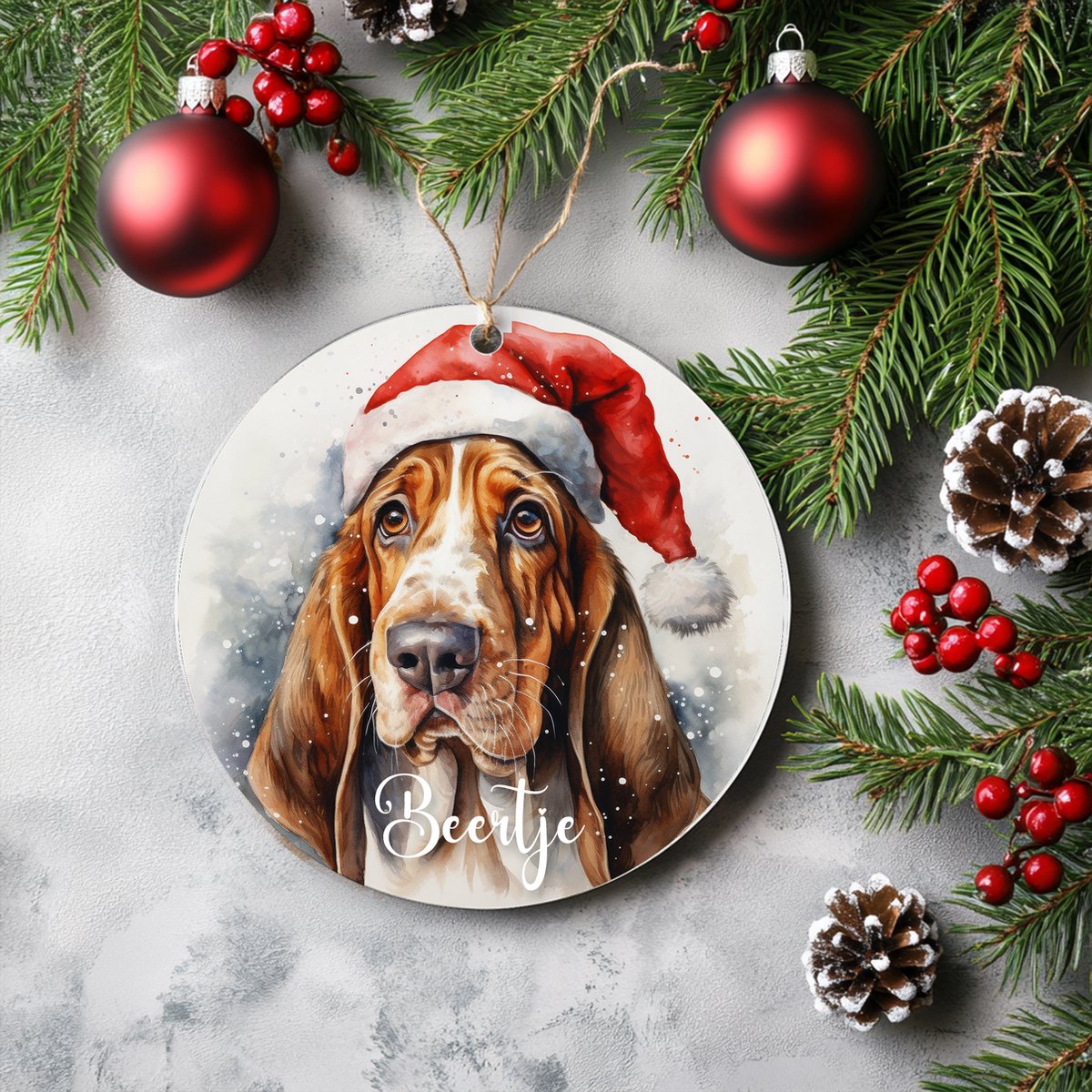 Kerstboom hanger Basset met naam