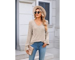 ASTRADAVI Casual Chic - Frayed Stripe Dames V-Hals Blouse - Stijlvolle Top met Geplooide Mouwen - Kaki / 2X-Large