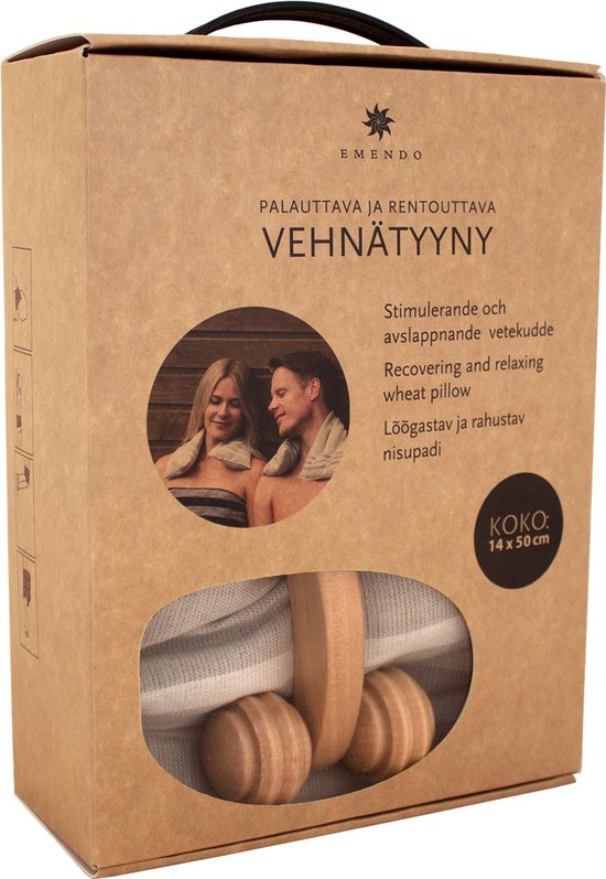 Kartonnen verpakking met een afbeelding van een koppel in een sauna. In het venster is een beige nekkussen met houten rol zichtbaar.