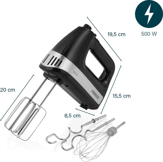 Princess 222206 Handmixer - Inclusief opbergdoos - Mixer met RVS deeghaken en gardes - 5 snelheden en turbofunctie - 500W – Krachtige motor