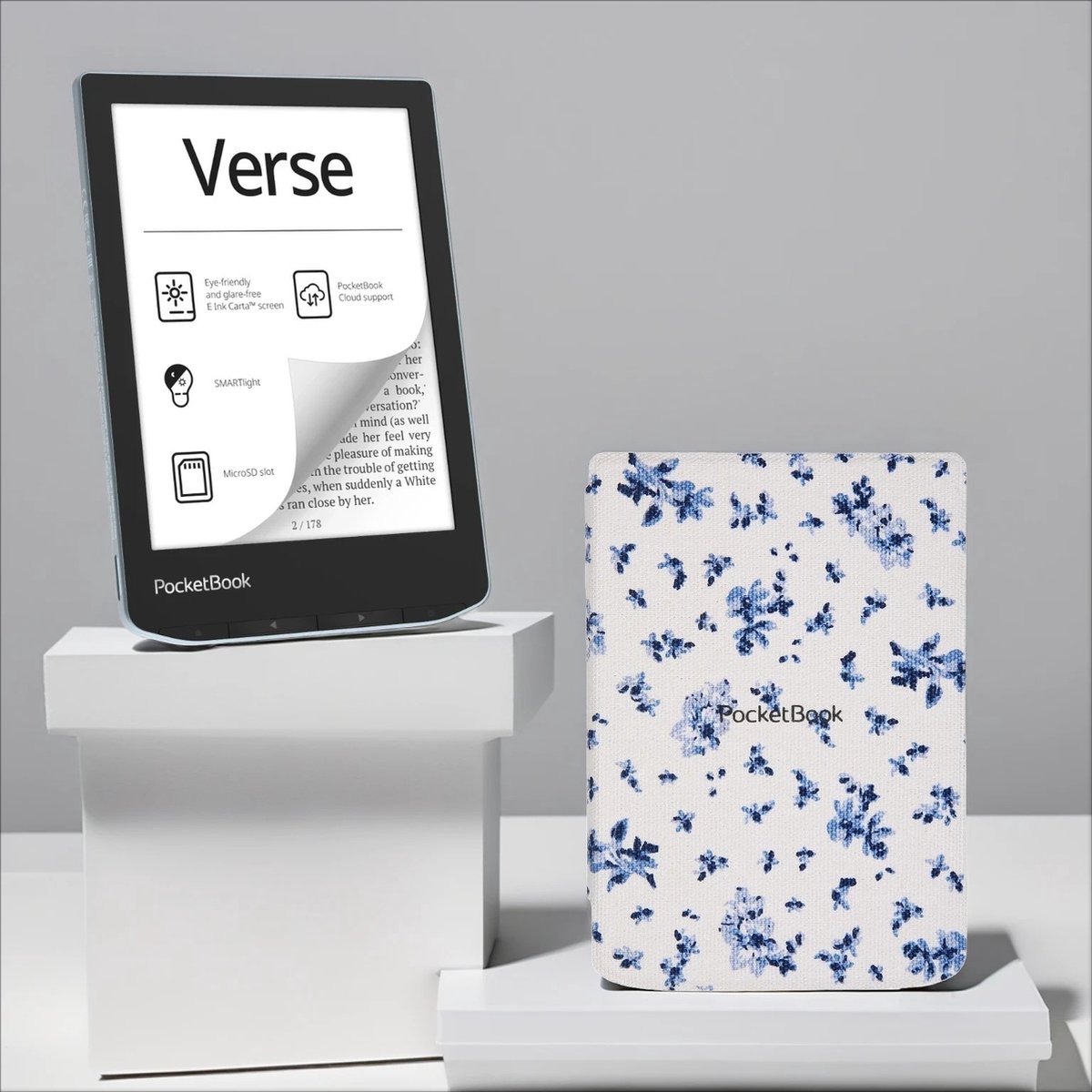 PocketBook Verse Bright Blue + Bloemen PocketBook hoesje