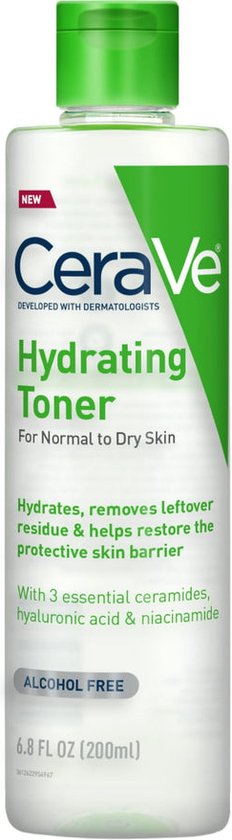 Fles CeraVe Hydraterende Toner met groene dop.