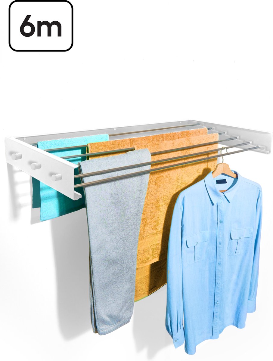 Goedkoopste Bodo® In- en uitklapbaar droogrek met Ophanghaken - Wit - 6m Drooglengte