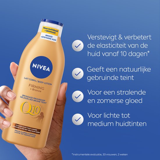 NIVEA Q10 Firming + Bronze Bodylotion Bruiner - Stevigere Huid en Natuurlijk Gebruinde Look - Hydraterende Lotion - Snelbruiner - Bruinen zonder Zon - Zelfbruiner Lichaam - 400 ml