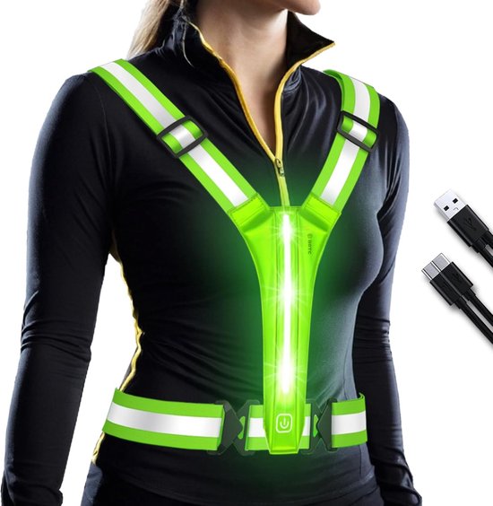 BOTC Gilet de course avec éclairage - Siècle des Lumières de course sur le devant - Câble inclus - Gilet de course - Course à pied - Réfléchissant - Taille unique - Vert