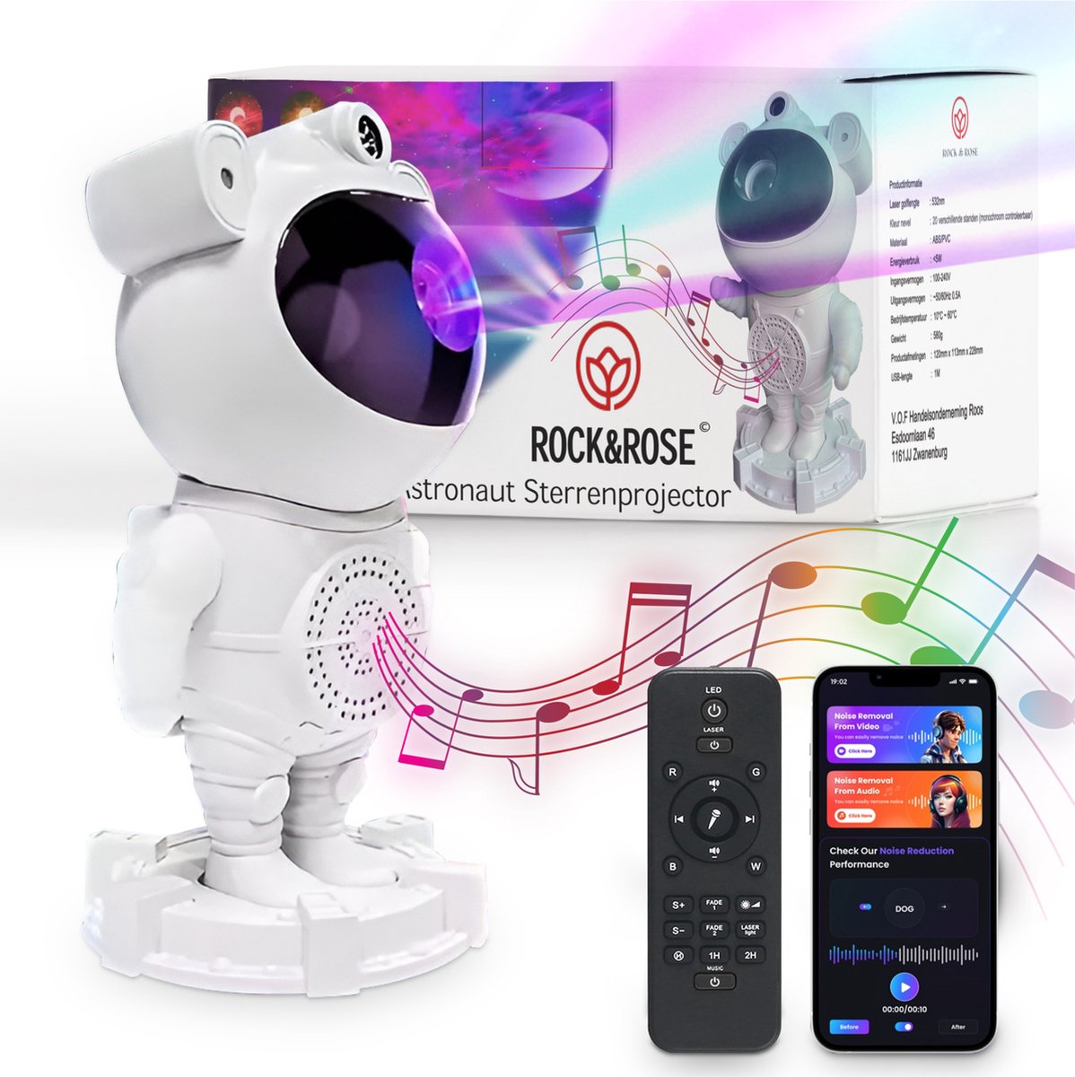 Rock&Rose Astronaut Sterren Projector - Galaxy projector - Sterrenhemel Projector - Bluetooth Muziek - Wit