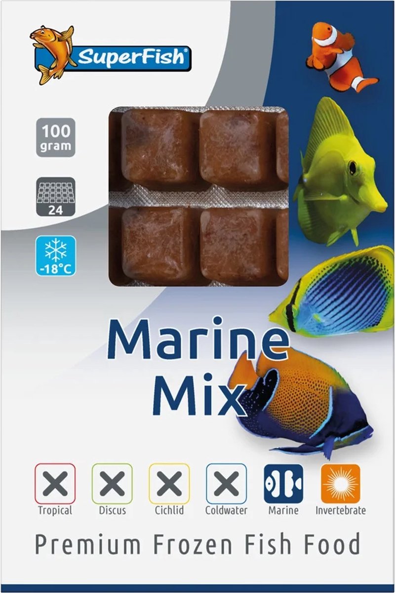 SuperFish Diepvriesvoer Marine Mix diepvriesvoer voor zeevissen 100 gram | 24 portieblokjes Diepvries