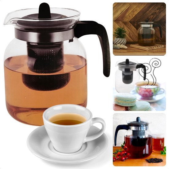 Theepot van glas, glazen theepot met houten handvat, glazen